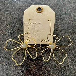 Anthropologie “Botanist Abroad Floral” Earrings, Gold Color with Blue Stone